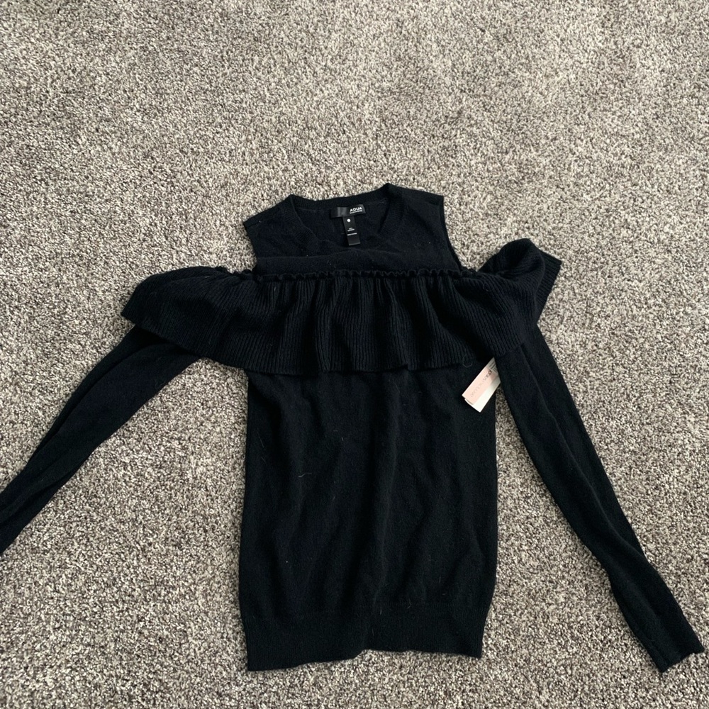 Aqua cashmere ruffle sweater. Cold shoulder long sleeve. Never worn with tags
